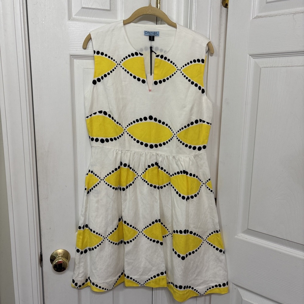 Cynthia Rowley Linen Blend Sleeveless Dress Size 10 White Yellow Lined Pockets